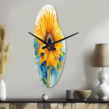 Yellow Blue Golden Sunflowers III - Asymmetric Metal Wall Clock